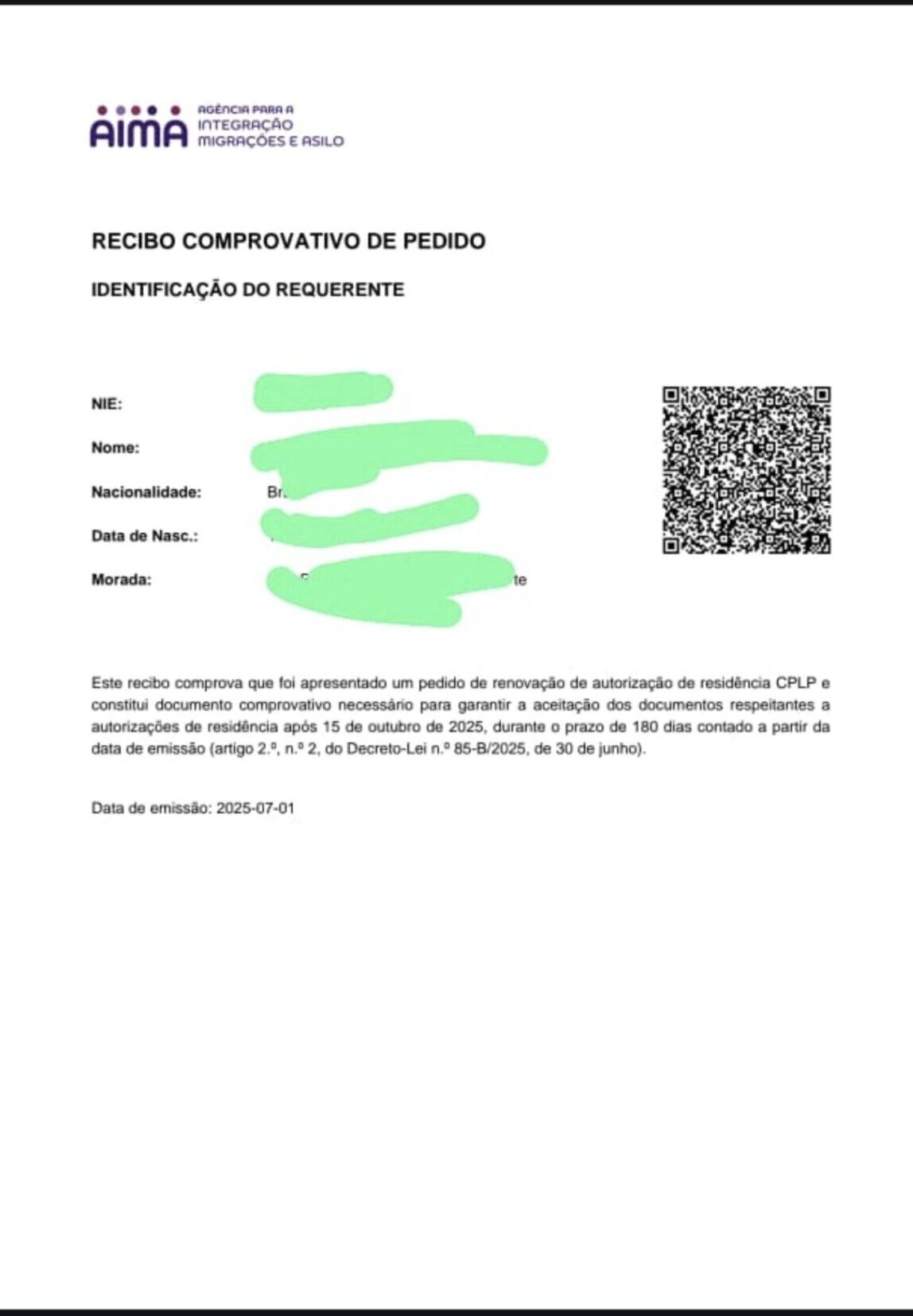 comprovativo digital AIMA